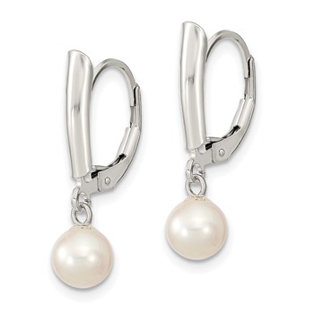 Sterling Silver Rhodium-plated 6-7mm White Round Freshwater Cultured Pearl Leverback Dangle Earrings — alternate view