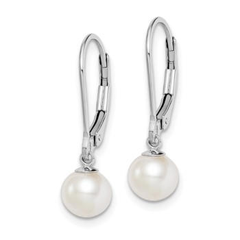 Sterling Silver Rhodium-plated 6-7mm White Round Freshwater Cultured Pearl Leverback Dangle Earrings — alternate view