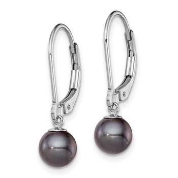 Sterling Silver Rhodium-plated 6-7mm Black Round Freshwater Cultured Pearl Leverback Dangle Earrings — alternate view