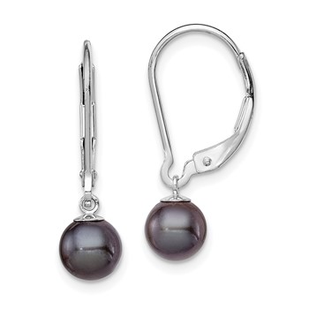 Sterling Silver Rhodium-plated 6-7mm Black Round Freshwater Cultured Pearl Leverback Dangle Earrings