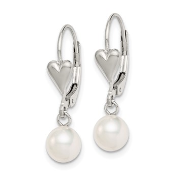 Sterling Silver Rhodium-plated 6-7mm White Round Freshwater Cultured Pearl Heart Leverback Dangle Earrings — alternate view
