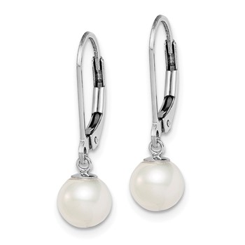 Sterling Silver Rhodium-plated 6-7mm White Round Freshwater Cultured Pearl Leverback Dangle Earrings — alternate view