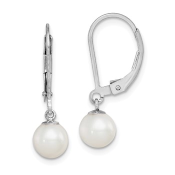 Sterling Silver Rhodium-plated 6-7mm White Round Freshwater Cultured Pearl Leverback Dangle Earrings