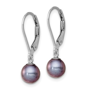 Sterling Silver Rhodium-plated 6-7mm Black Round Freshwater Cultured Pearl Leverback Dangle Earrings — alternate view