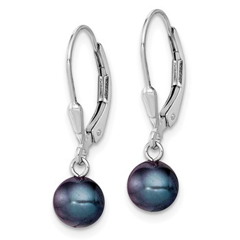 Sterling Silver Rhodium-plated 6-7mm Black Round Freshwater Cultured Pearl Leverback Dangle Earrings — alternate view