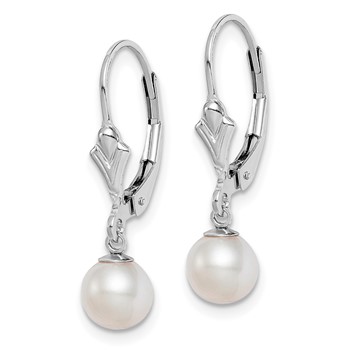 Sterling Silver Rhodium-plated 6-7mm White Round Freshwater Cultured Pearl Leverback Dangle Earrings — alternate view