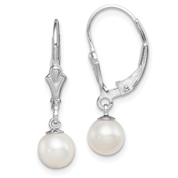Sterling Silver Rhodium-plated 6-7mm White Round Freshwater Cultured Pearl Leverback Dangle Earrings