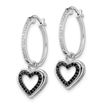 White Night Sterling Silver Rhodium-plated Black and White Diamond with Dangle Heart Hoop Earring — alternate view