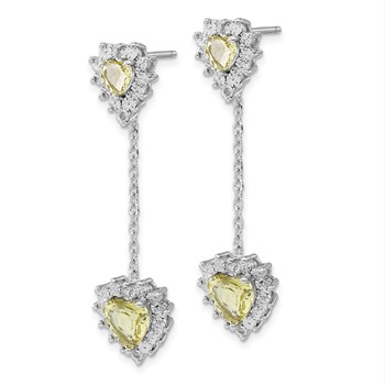 Sterling Silver Polished Diamond & Lemon Quartz Heart Dangle Earrings — alternate view