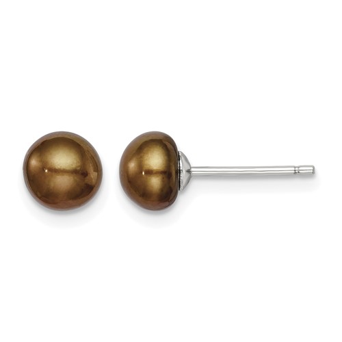 Sterling Silver Rh-plated 6-7mm Brown FW Cultured Button Pearl Stud Earring