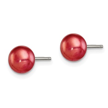 Sterling Silver Rhod-pltd Red 6-7mm Button FWC Pearl Post Earrings — alternate view