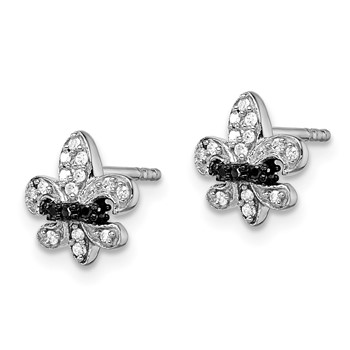 White Night Sterling Silver Rhodium-plated Black and White Diamond Fleur de Lis Post Earrings — alternate view