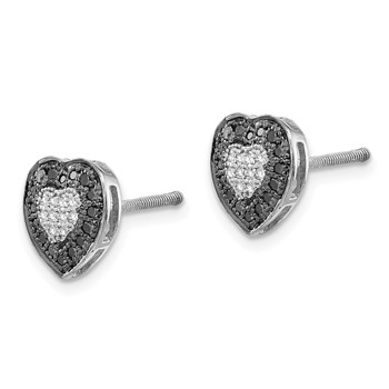 White Night Sterling Silver Rhodium-plated Black and White Diamond Heart Post Earrings — alternate view