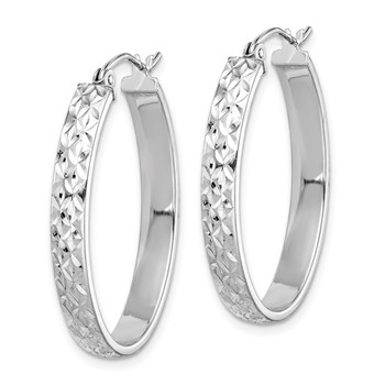 Sterling Silver Rhodium-plated Diamond-cut 4mm Oval Hoop Earrings — alternate view