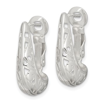 Sterling Silver Polished & Filigree Omega Back J-Hoop Earrings — alternate view