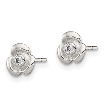 Sterling Silver Polished Flower with CZ Children's Post Earrings — alternate view