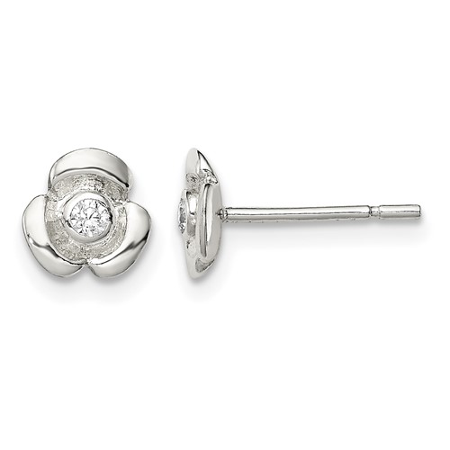 Sterling Silver Polished Flower with CZ Petite Post Earrings