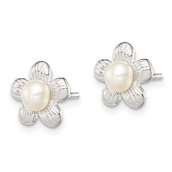 Sterling Silver Polished & Textured Sim. Pearl Flower Post Earrings — alternate view