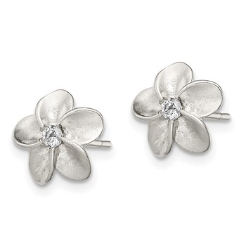 Sterling Silver Polished & Satin CZ Flower Post Earrings — alternate view