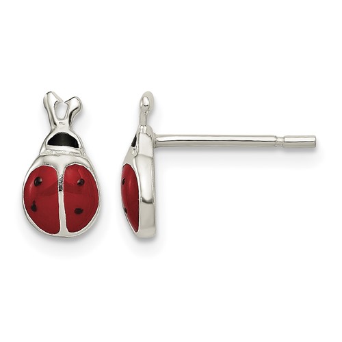 Sterling Silver Polished Red/Black Enameled Ladybug Post Earrings