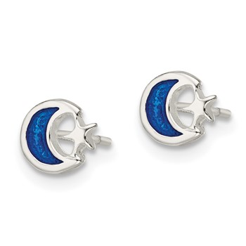 Sterling Silver Polished Blue Enamel Moon & Star Children's Post Earrings — alternate view