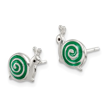 Sterling Silver Polished Green & Black Enameled Snail Post Earrings — alternate view