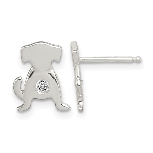 Sterling Silver Polished CZ Dog Post Earrings