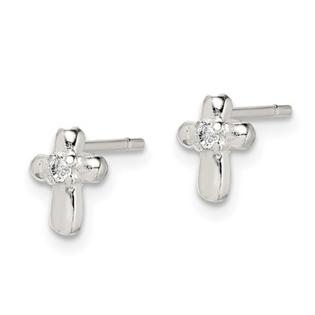 Sterling Silver Polished Cross with CZ Post Earrings — alternate view