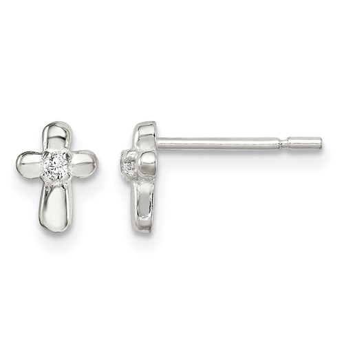 Sterling Silver Polished Cross with CZ Petite Post Earrings