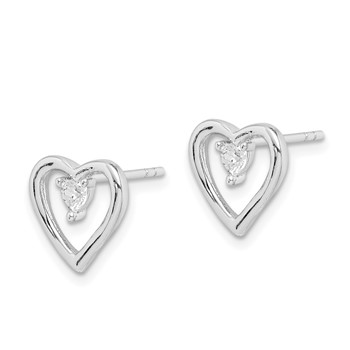 Sterling Silver Rhodium-plated CZ Polished Heart Post Earrings — alternate view