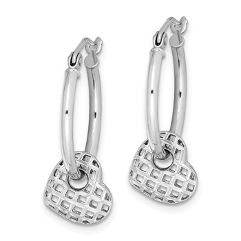 Sterling Silver Rhodium Plated Moveable Heart Hoop Earrings — alternate view
