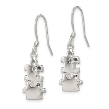 Sterling Silver Polished CZ Puzzle Pieces Dangle Earrings — alternate view