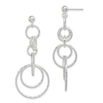 Sterling Silver Polished & Textured Circle Links Post Dangle Earrings