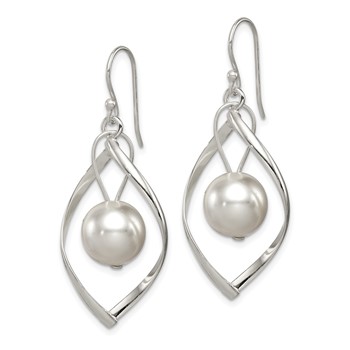Sterling Silver Polished Simulated Pearl Twisted Dangle Earrings — alternate view