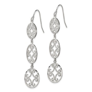 Sterling Silver Polished Diamond-cut Filigree Triple Oval Dangle Earrings — alternate view