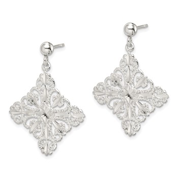 Sterling Silver Polished & Diamond-cut Filigree Square Post Dangle Earrings — alternate view