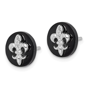 Sterling Silver Rhodium-plated CZ Fleur de Lis Onyx Circle Stud Earrings — alternate view