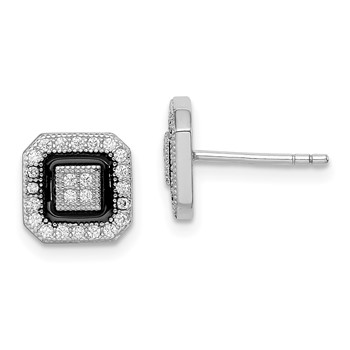 Sterling Silver RH-plated Black Enamel & Pavé CZ Square Halo Post Earrings