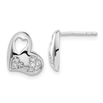 Sterling Silver Rhodium Plated CZ Heart Post Earrings