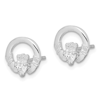 Sterling Silver Rhodium-plated CZ Heart Claddagh Post Earrings — alternate view