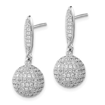 Sterling Silver Rhodium-plated Pavé CZ 3-D Ball Post Dangle Earrings — alternate view
