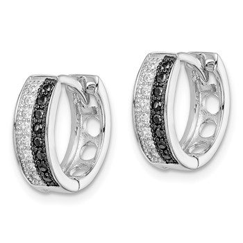 Sterling Silver RH-plated Black & White CZ Hinged Round Hoop Earrings — alternate view