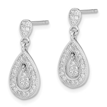 Sterling Silver Rhodium-plated CZ Pavé Pear Dangle Post Earrings — alternate view