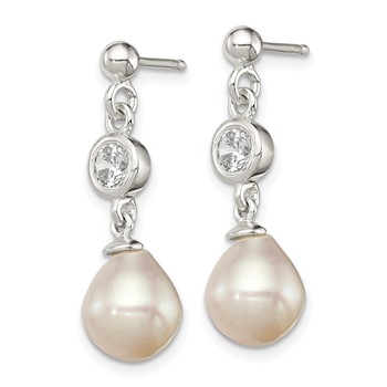 Sterling Silver Polished FWC Pearl and CZ Post Dangle Earrings — alternate view