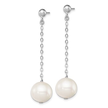 Sterling Silver Rhodium-plated 10-11mm White Round Freshwater Cultured Pearl Dangle Post Earrings — alternate view