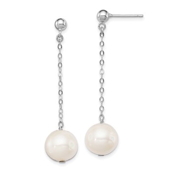 Sterling Silver Rhodium-plated 10-11mm White Round Freshwater Cultured Pearl Dangle Post Earrings