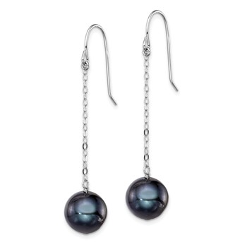 Sterling Silver Rhodium-plated 9-10mm Black Round Freshwater Cultured Pearl Dangle Earrings — alternate view