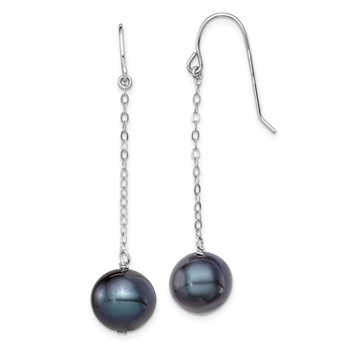 Sterling Silver Rhodium-plated 9-10mm Black Round Freshwater Cultured Pearl Dangle Earrings