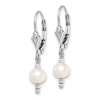 Sterling Silver Rhodium-plated 6-7mm White Semi-Round Freshwater Cultured Pearl Leverback Dangle Earrings — alternate view