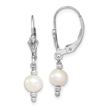 Sterling Silver Rhodium-plated 6-7mm White Semi-Round Freshwater Cultured Pearl Leverback Dangle Earrings